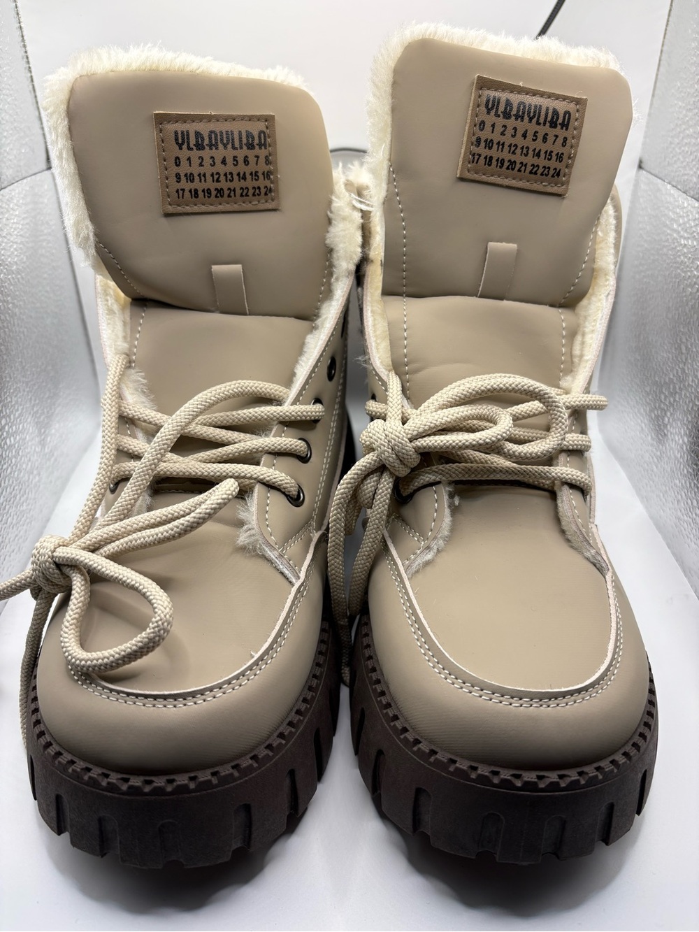 Faux Fur Lined Beige Platform Combat Boots Women’s US 10